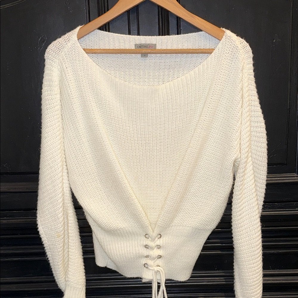 Chic Cream V-Neck Sweater with Lace-Up Detail